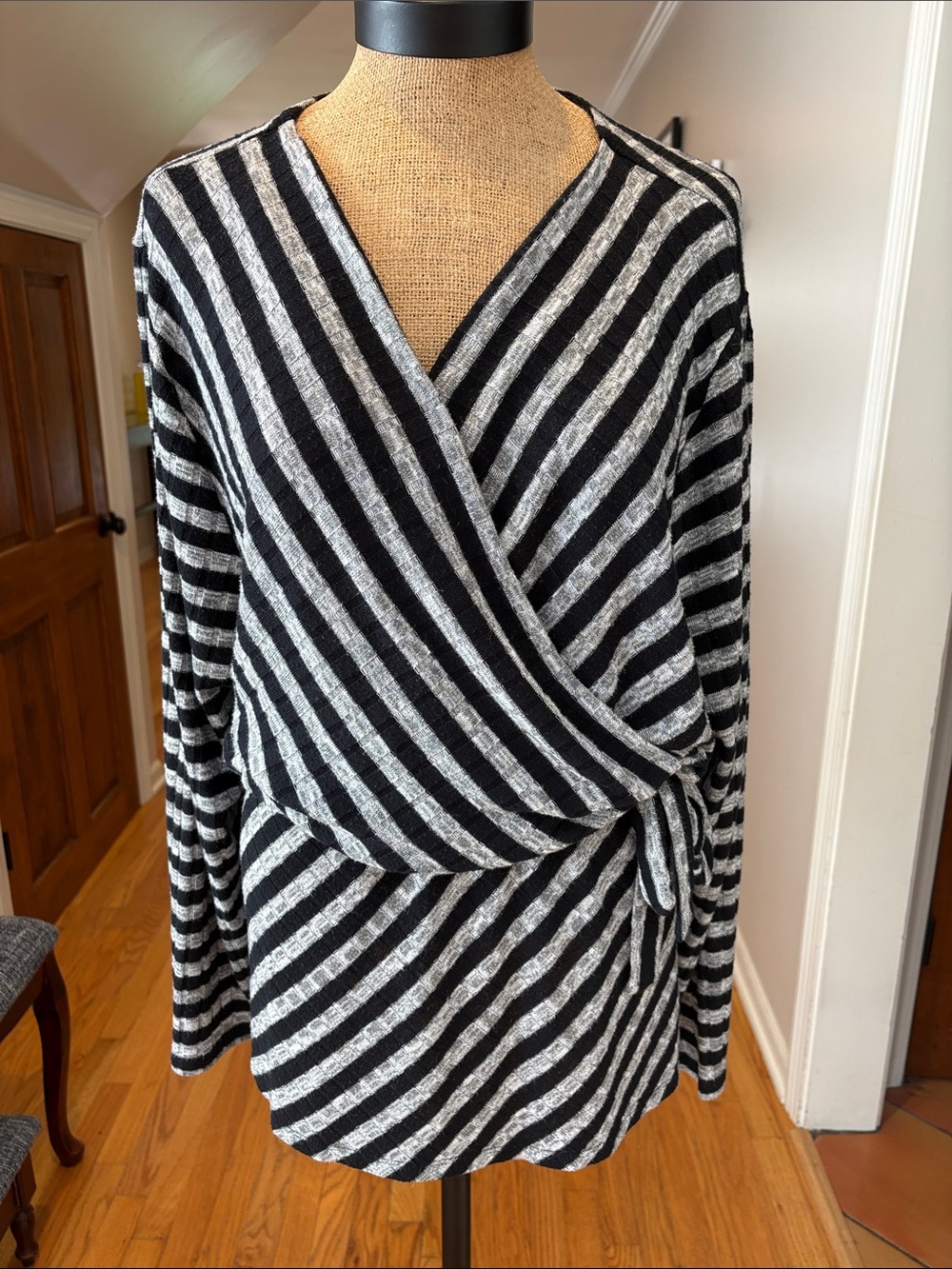 Lane Bryant Black and Gray Striped Wrap V-Neck Sweater